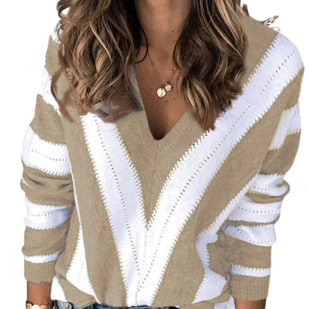 KHAKI WHITE STRIPED COLOR BLOCK V NECK KNITTED SWEATER SIZE XL